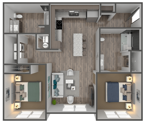 Floor plan for 2 beds, 2 baths, 992 sqft